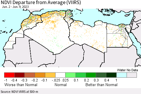North Africa NDVI Departure from Average (VIIRS) Thematic Map For 6/2/2023 - 6/9/2023