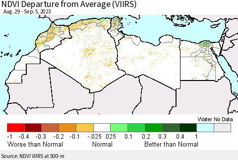 North Africa NDVI Departure from Average (VIIRS) Thematic Map For 8/29/2023 - 9/5/2023