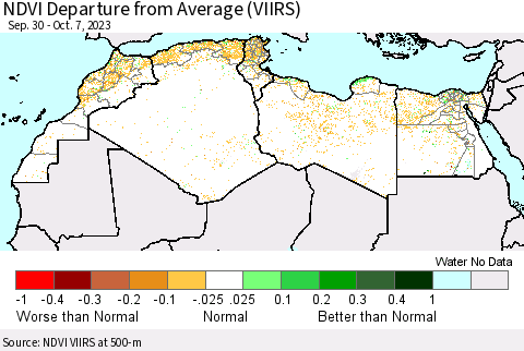 North Africa NDVI Departure from Average (VIIRS) Thematic Map For 9/30/2023 - 10/7/2023