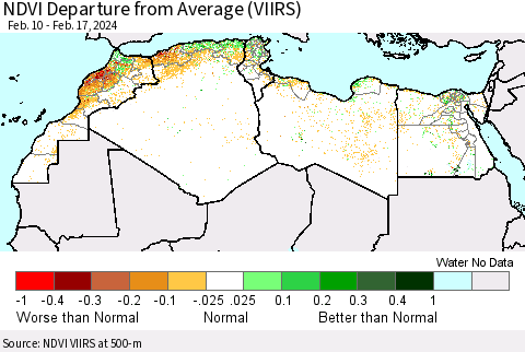North Africa NDVI Departure from Average (VIIRS) Thematic Map For 2/10/2024 - 2/17/2024