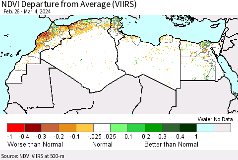 North Africa NDVI Departure from Average (VIIRS) Thematic Map For 2/26/2024 - 3/4/2024