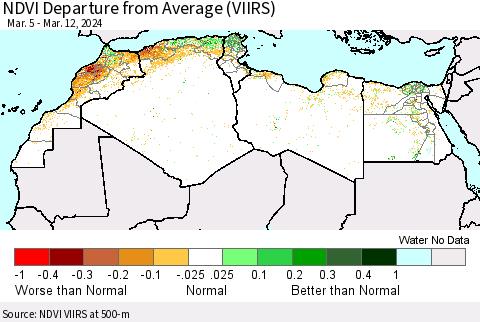 North Africa NDVI Departure from Average (VIIRS) Thematic Map For 3/5/2024 - 3/12/2024