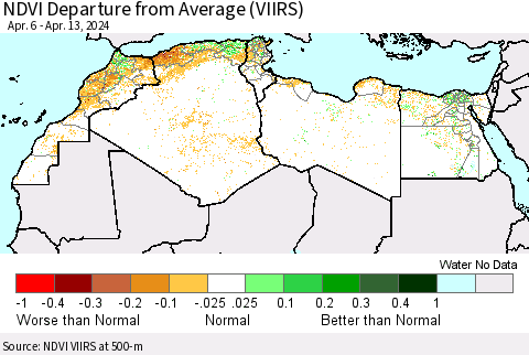 North Africa NDVI Departure from Average (VIIRS) Thematic Map For 4/6/2024 - 4/13/2024