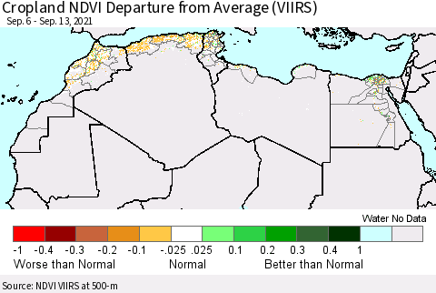 North Africa Cropland NDVI Departure from Average (VIIRS) Thematic Map For 9/6/2021 - 9/13/2021