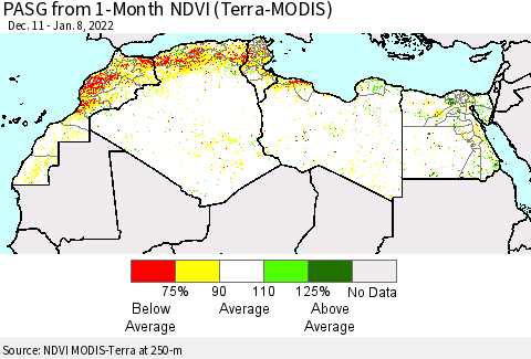 North Africa PASG from 1-Month NDVI (Terra-MODIS) Thematic Map For 1/1/2022 - 1/8/2022