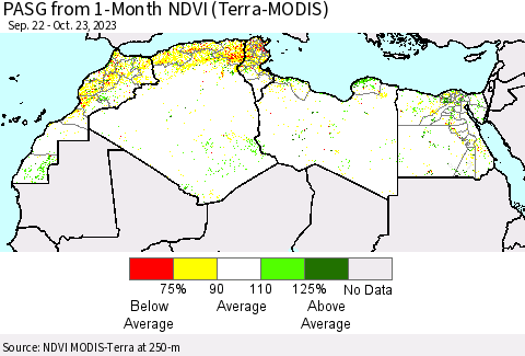 North Africa PASG from 1-Month NDVI (Terra-MODIS) Thematic Map For 10/16/2023 - 10/23/2023