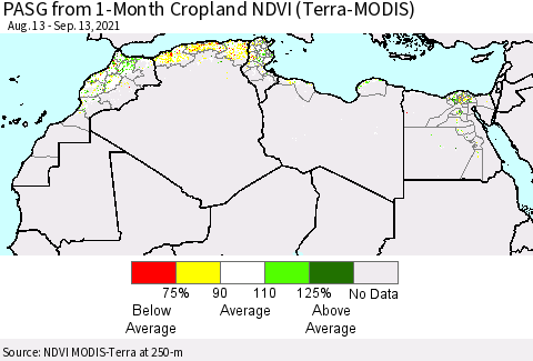 North Africa PASG from 1-Month Cropland NDVI (Terra-MODIS) Thematic Map For 9/6/2021 - 9/13/2021