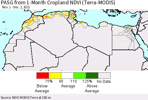 North Africa PASG from 1-Month Cropland NDVI (Terra-MODIS) Thematic Map For 11/25/2021 - 12/2/2021