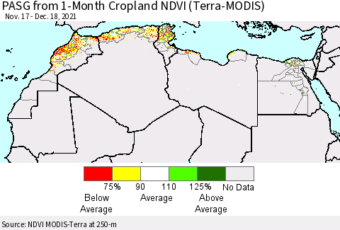 North Africa PASG from 1-Month Cropland NDVI (Terra-MODIS) Thematic Map For 12/11/2021 - 12/18/2021