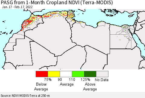 North Africa PASG from 1-Month Cropland NDVI (Terra-MODIS) Thematic Map For 2/10/2022 - 2/17/2022
