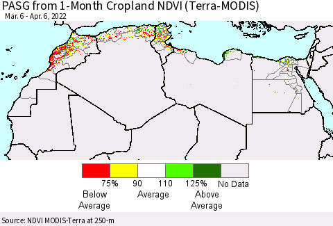 North Africa PASG from 1-Month Cropland NDVI (Terra-MODIS) Thematic Map For 3/30/2022 - 4/6/2022