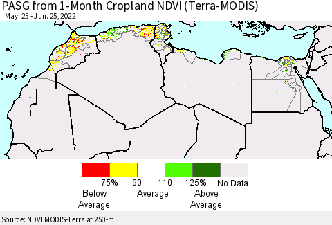 North Africa PASG from 1-Month Cropland NDVI (Terra-MODIS) Thematic Map For 6/18/2022 - 6/25/2022