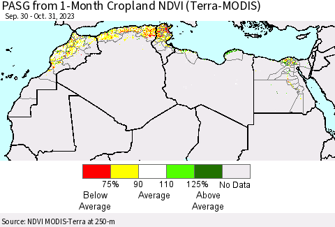 North Africa PASG from 1-Month Cropland NDVI (Terra-MODIS) Thematic Map For 10/24/2023 - 10/31/2023