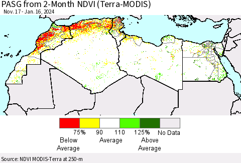 North Africa PASG from 2-Month NDVI (Terra-MODIS) Thematic Map For 1/9/2024 - 1/16/2024