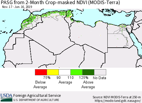 North Africa PASG from 2-Month Cropland NDVI (Terra-MODIS) Thematic Map For 1/11/2019 - 1/20/2019
