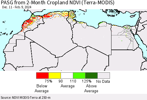 North Africa PASG from 2-Month Cropland NDVI (Terra-MODIS) Thematic Map For 2/2/2024 - 2/9/2024