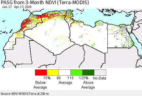 North Africa PASG from 3-Month NDVI (Terra-MODIS) Thematic Map For 4/6/2024 - 4/13/2024