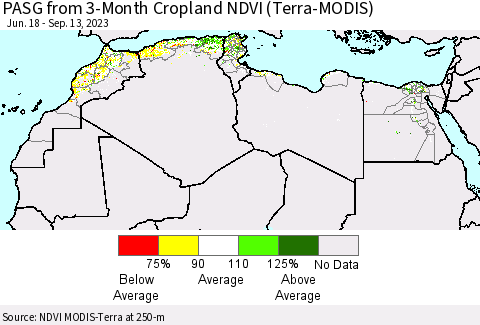 North Africa PASG from 3-Month Cropland NDVI (Terra-MODIS) Thematic Map For 9/6/2023 - 9/13/2023