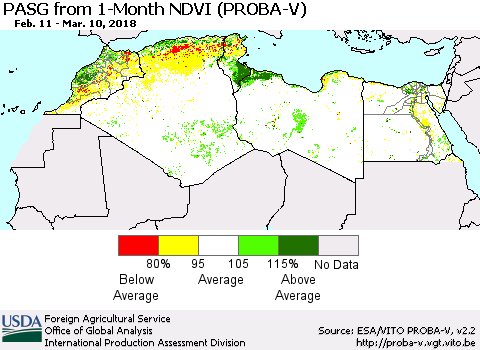 North Africa PASG from 1-Month NDVI (PROBA-V) Thematic Map For 3/1/2018 - 3/10/2018