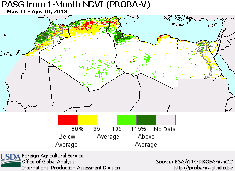 North Africa PASG from 1-Month NDVI (PROBA-V) Thematic Map For 4/1/2018 - 4/10/2018
