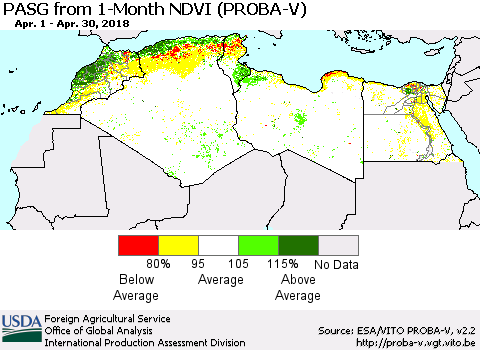 North Africa PASG from 1-Month NDVI (PROBA-V) Thematic Map For 4/21/2018 - 4/30/2018