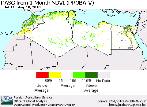 North Africa PASG from 1-Month NDVI (PROBA-V) Thematic Map For 8/1/2018 - 8/10/2018