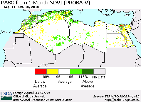 North Africa PASG from 1-Month NDVI (PROBA-V) Thematic Map For 10/1/2018 - 10/10/2018