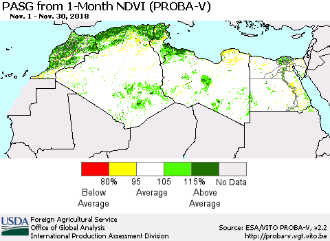 North Africa PASG from 1-Month NDVI (PROBA-V) Thematic Map For 11/21/2018 - 11/30/2018