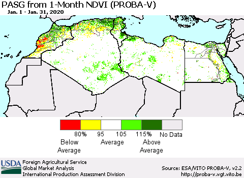 North Africa PASG from 1-Month NDVI (PROBA-V) Thematic Map For 1/21/2020 - 1/31/2020