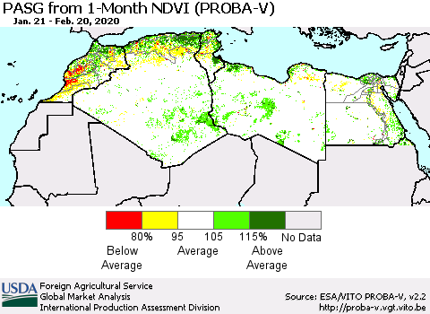 North Africa PASG from 1-Month NDVI (PROBA-V) Thematic Map For 2/11/2020 - 2/20/2020