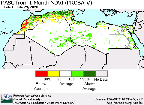North Africa PASG from 1-Month NDVI (PROBA-V) Thematic Map For 2/21/2020 - 2/29/2020