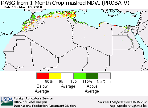 North Africa PASG from 1-Month Crop-masked NDVI (PROBA-V) Thematic Map For 3/1/2018 - 3/10/2018