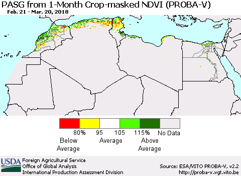 North Africa PASG from 1-Month Crop-masked NDVI (PROBA-V) Thematic Map For 3/11/2018 - 3/20/2018