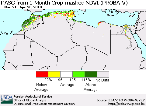 North Africa PASG from 1-Month Crop-masked NDVI (PROBA-V) Thematic Map For 4/11/2018 - 4/20/2018