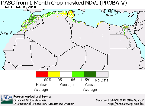 North Africa PASG from 1-Month Crop-masked NDVI (PROBA-V) Thematic Map For 7/21/2018 - 7/31/2018