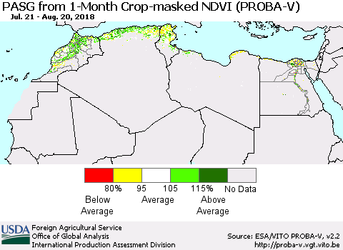 North Africa PASG from 1-Month Crop-masked NDVI (PROBA-V) Thematic Map For 8/11/2018 - 8/20/2018