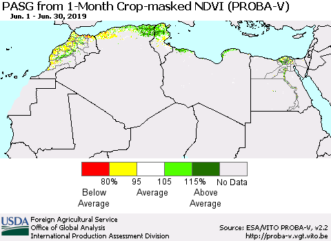North Africa PASG from 1-Month Crop-masked NDVI (PROBA-V) Thematic Map For 6/21/2019 - 6/30/2019