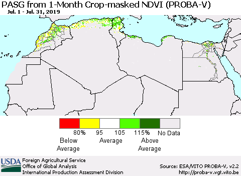 North Africa PASG from 1-Month Crop-masked NDVI (PROBA-V) Thematic Map For 7/21/2019 - 7/31/2019