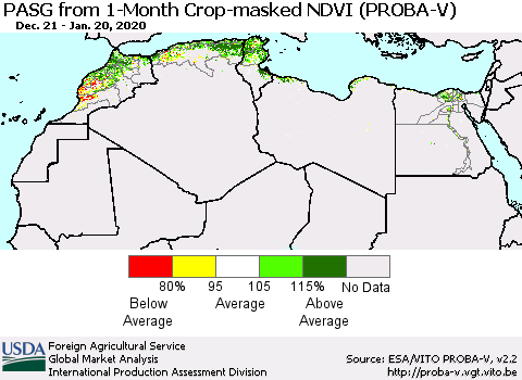 North Africa PASG from 1-Month Crop-masked NDVI (PROBA-V) Thematic Map For 1/11/2020 - 1/20/2020