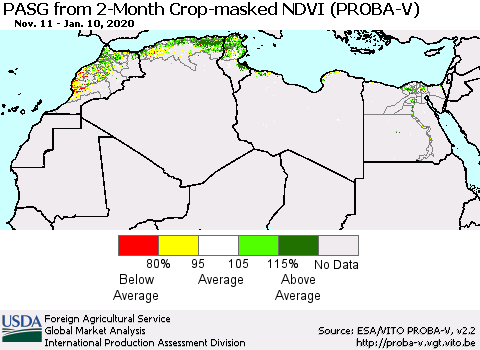 North Africa PASG from 2-Month Crop-masked NDVI (PROBA-V) Thematic Map For 1/1/2020 - 1/10/2020