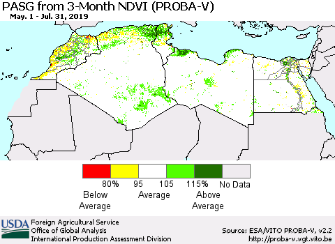 North Africa PASG from 3-Month NDVI (PROBA-V) Thematic Map For 7/21/2019 - 7/31/2019