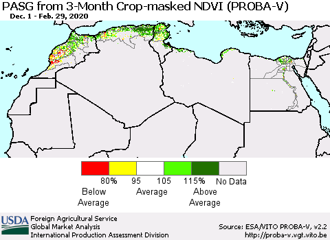North Africa PASG from 3-Month Crop-masked NDVI (PROBA-V) Thematic Map For 2/21/2020 - 2/29/2020