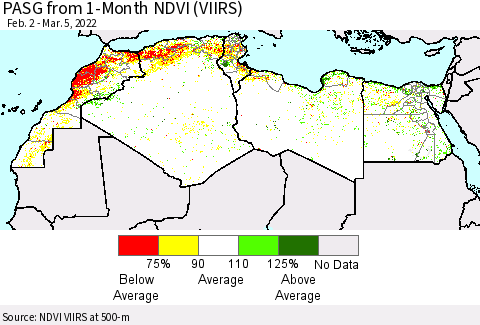 North Africa PASG from 1-Month NDVI (VIIRS) Thematic Map For 2/26/2022 - 3/5/2022