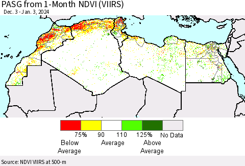 North Africa PASG from 1-Month NDVI (VIIRS) Thematic Map For 12/27/2023 - 1/3/2024