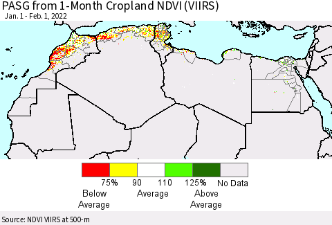 North Africa PASG from 1-Month Cropland NDVI (VIIRS) Thematic Map For 1/25/2022 - 2/1/2022
