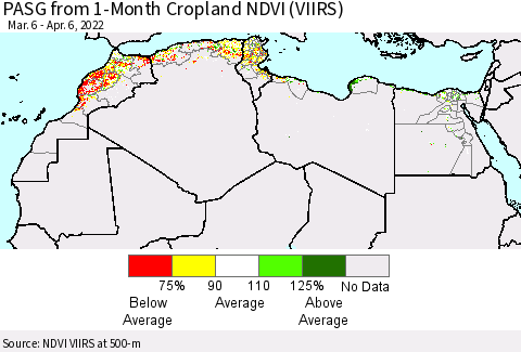 North Africa PASG from 1-Month Cropland NDVI (VIIRS) Thematic Map For 3/30/2022 - 4/6/2022