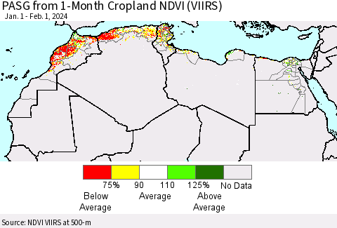 North Africa PASG from 1-Month Cropland NDVI (VIIRS) Thematic Map For 1/25/2024 - 2/1/2024