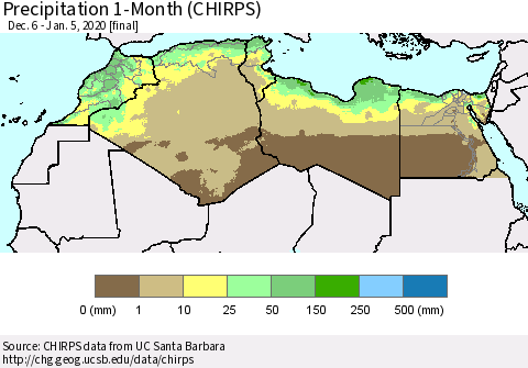 North Africa Precipitation 1-Month (CHIRPS) Thematic Map For 12/6/2019 - 1/5/2020