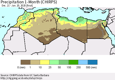 North Africa Precipitation 1-Month (CHIRPS) Thematic Map For 12/21/2019 - 1/20/2020