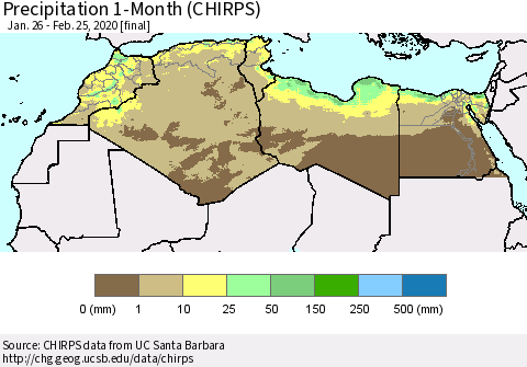 North Africa Precipitation 1-Month (CHIRPS) Thematic Map For 1/26/2020 - 2/25/2020